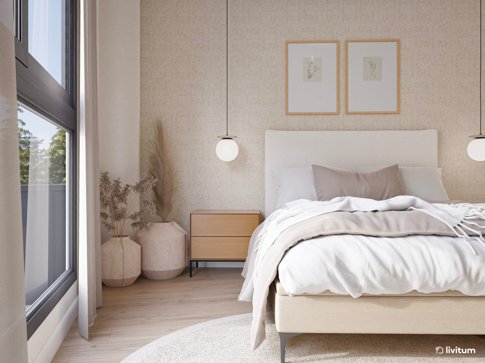 Dormitorio con planta irregular en tonos tierra muy suaves