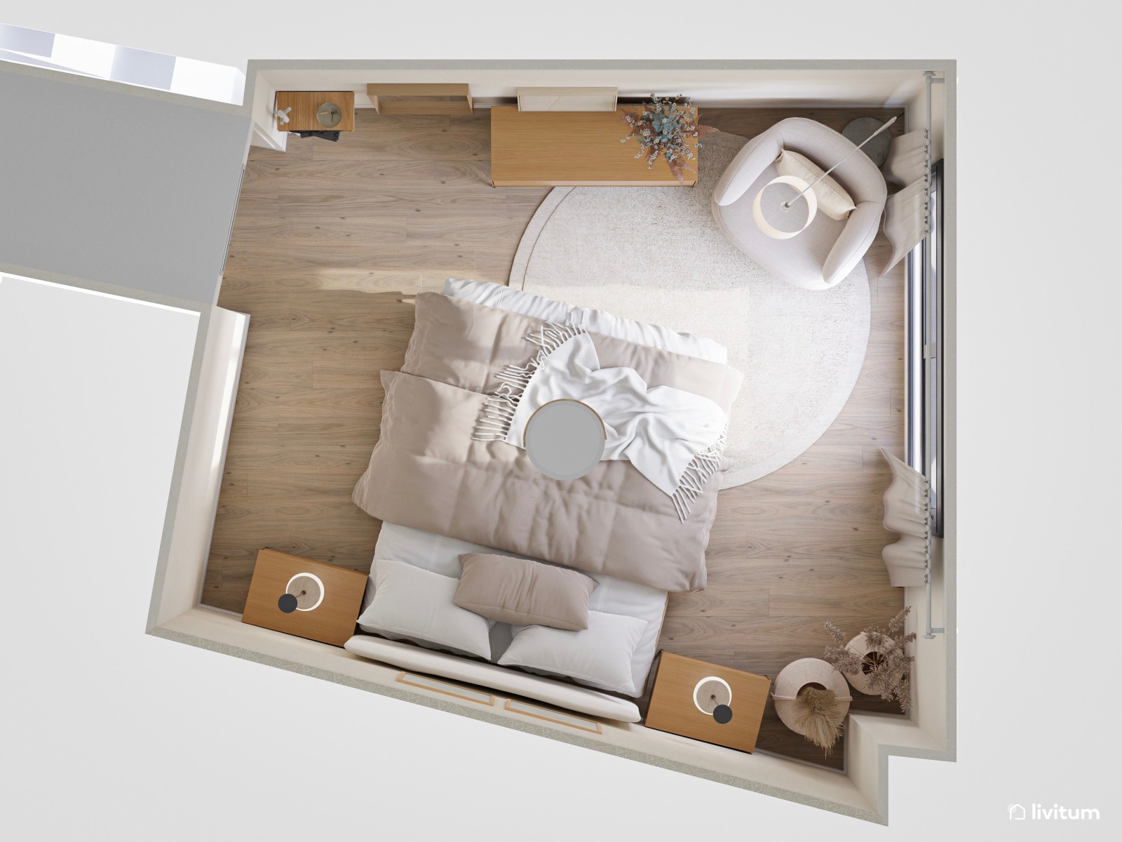 Dormitorio con planta irregular en tonos tierra muy suaves