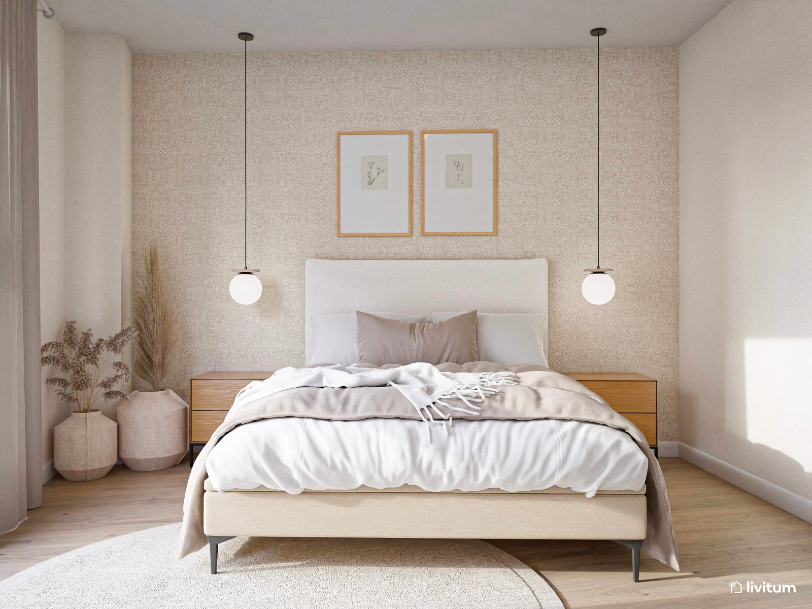 Dormitorio con planta irregular en tonos tierra muy suaves