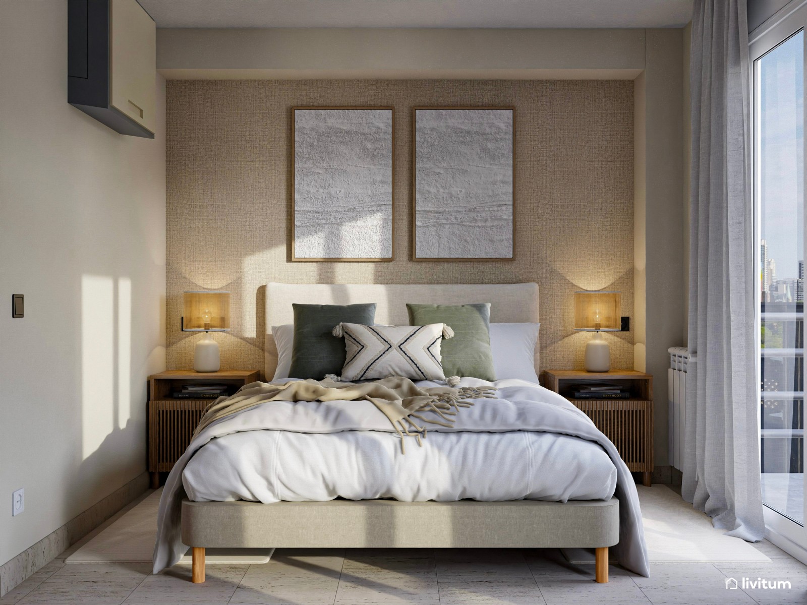 Dormitorio con vestidor de estilo moderno en tonos tierra