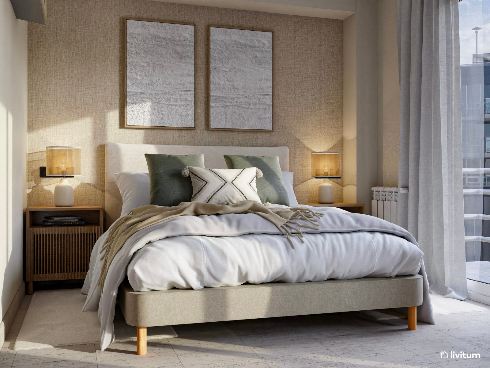 Dormitorio con vestidor de estilo moderno en tonos tierra