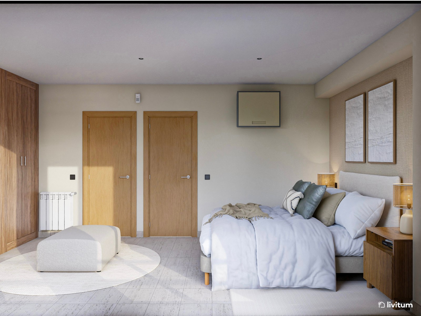 Dormitorio con vestidor de estilo moderno en tonos tierra