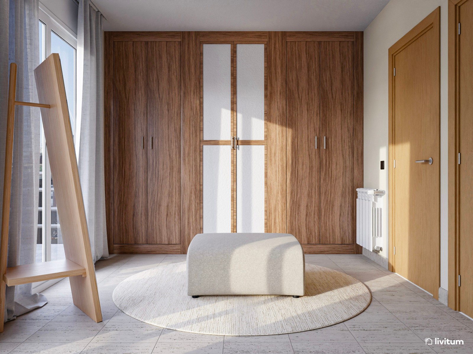 Dormitorio con vestidor de estilo moderno en tonos tierra
