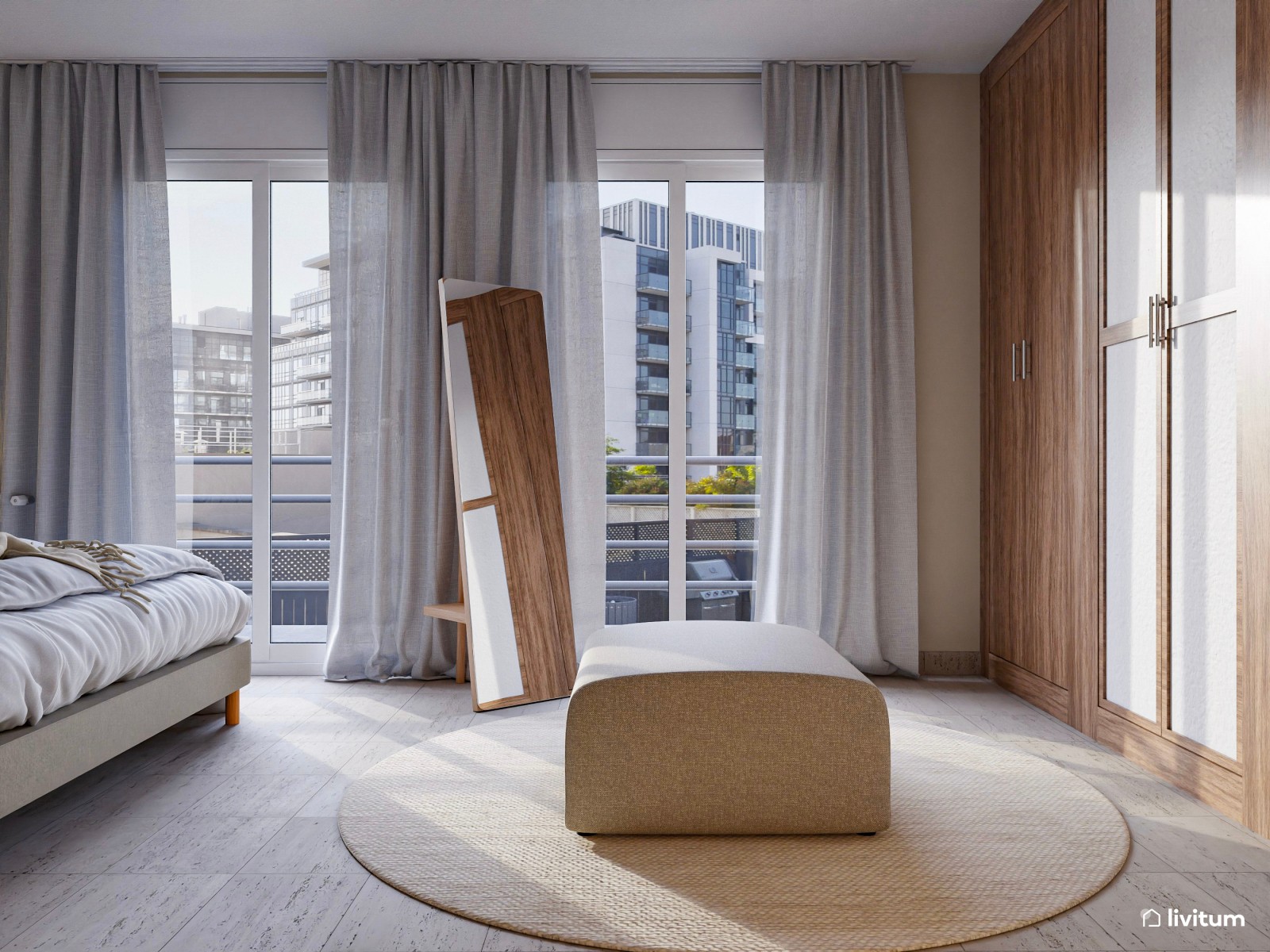 Dormitorio con vestidor de estilo moderno en tonos tierra