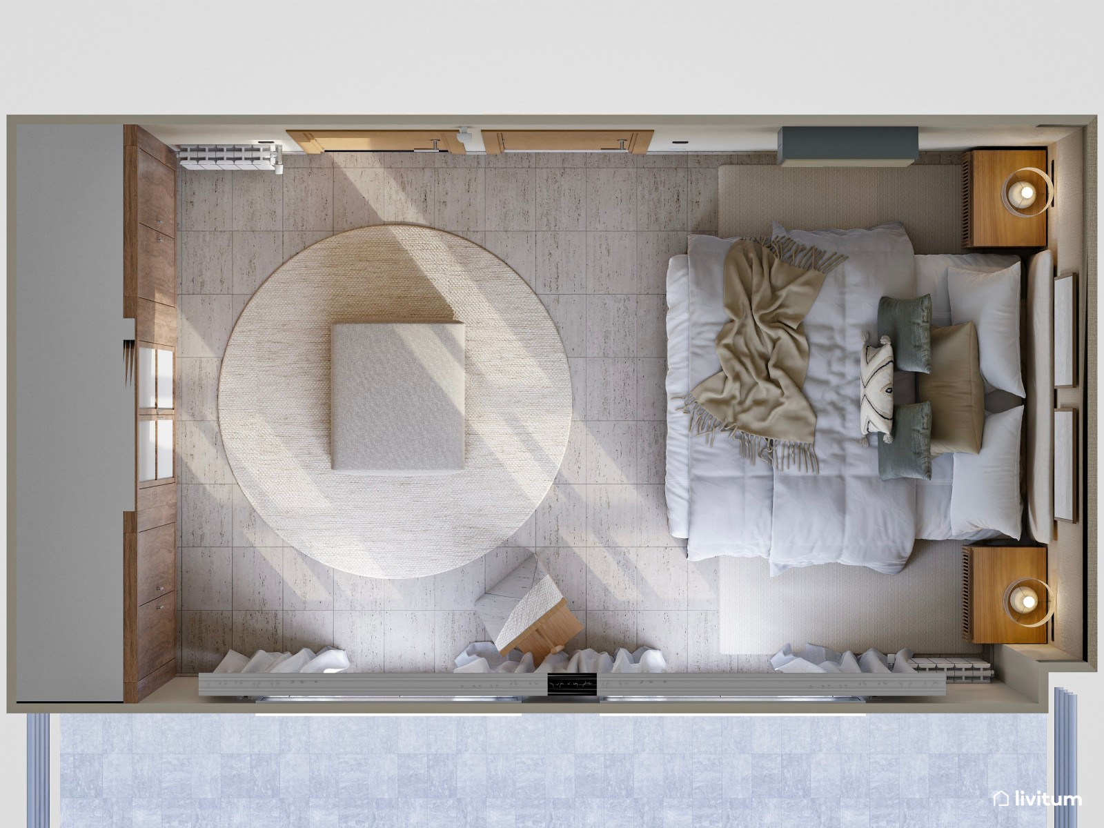 Dormitorio con vestidor de estilo moderno en tonos tierra