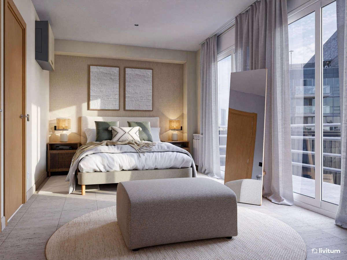 Dormitorio con vestidor de estilo moderno en tonos tierra