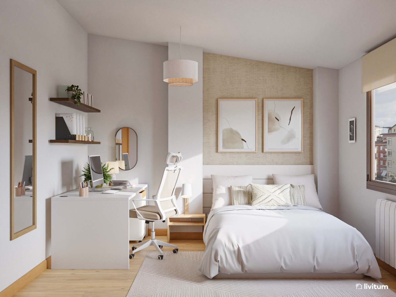 Dormitorio con zona de despacho y pared principal con papel pintado 
