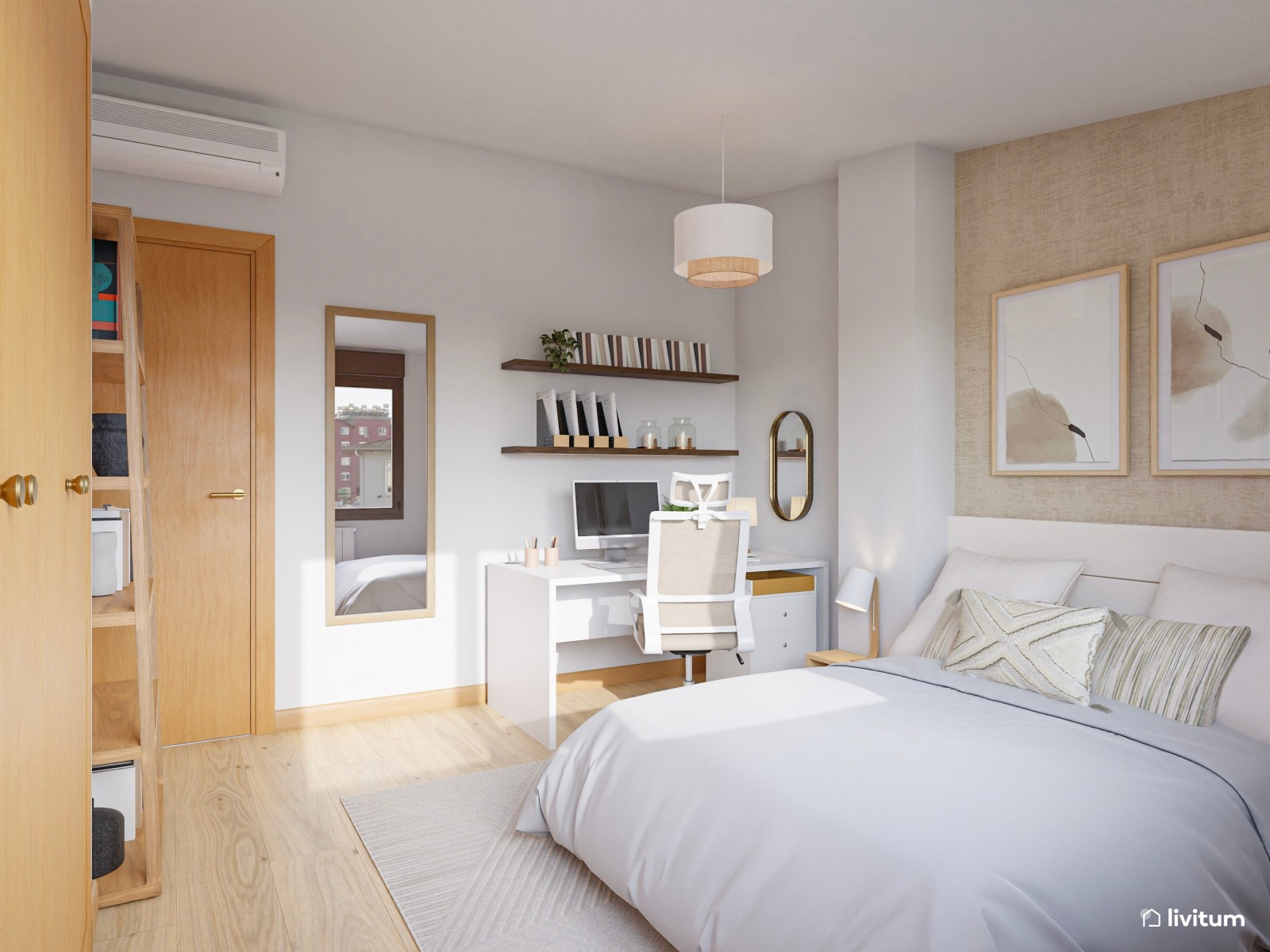 Dormitorio con zona de despacho y pared principal con papel pintado 