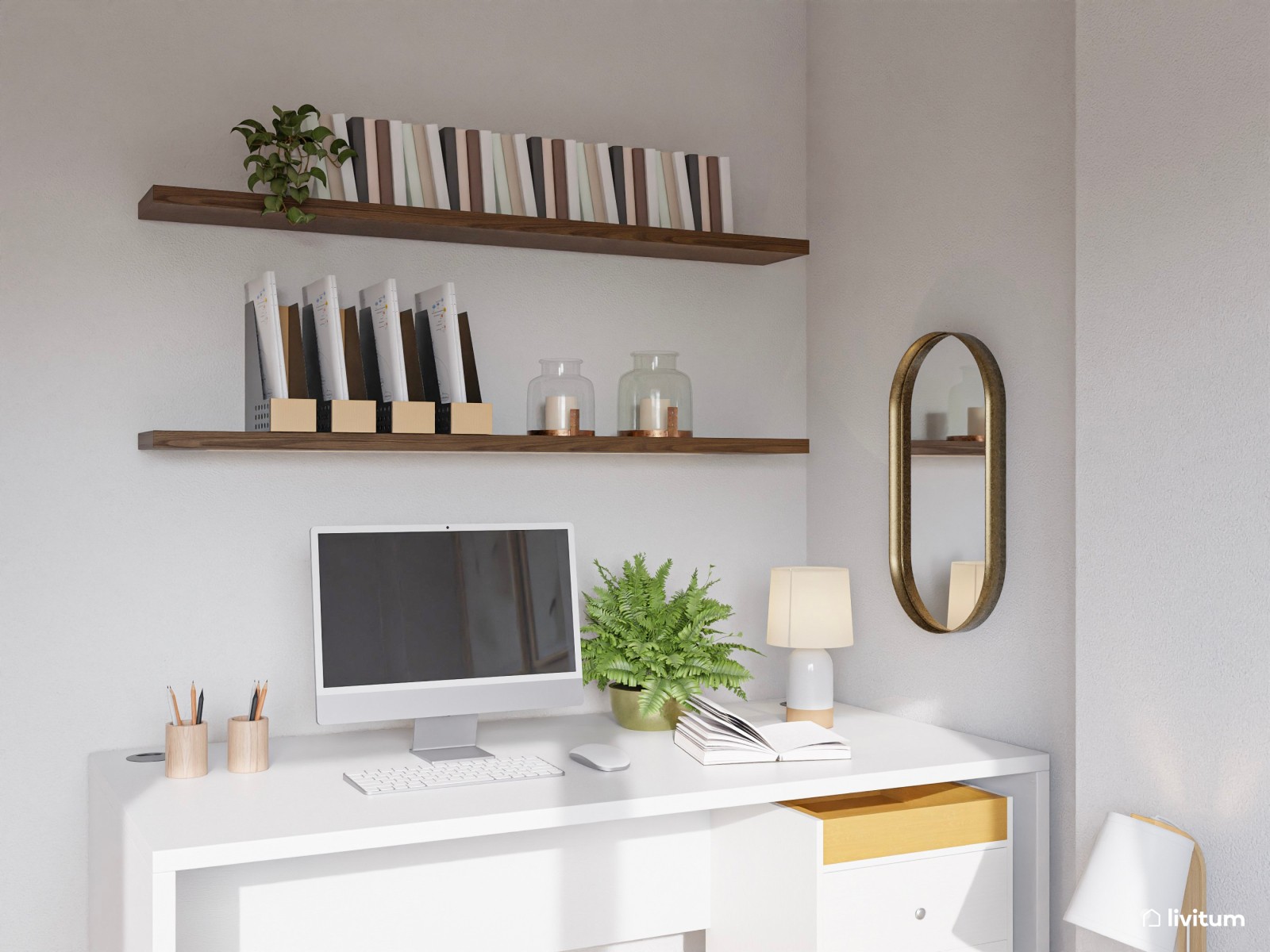 Dormitorio con zona de despacho y pared principal con papel pintado 