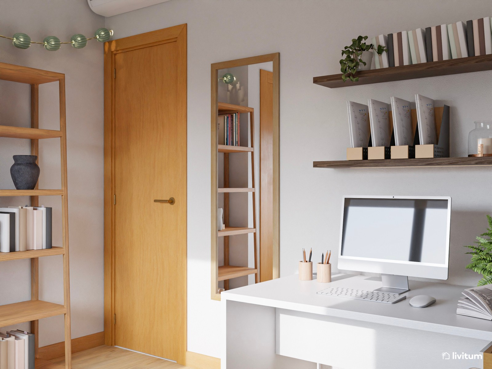 Dormitorio con zona de despacho y pared principal con papel pintado 