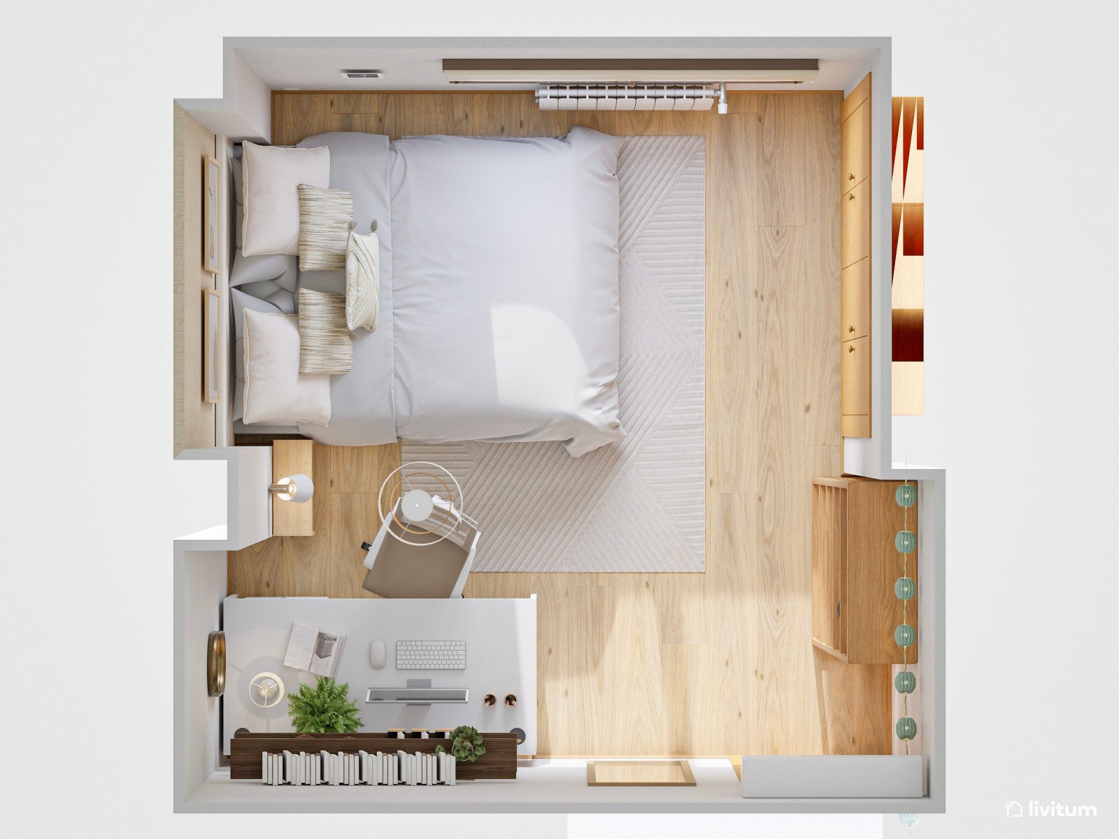 Dormitorio con zona de despacho y pared principal con papel pintado 