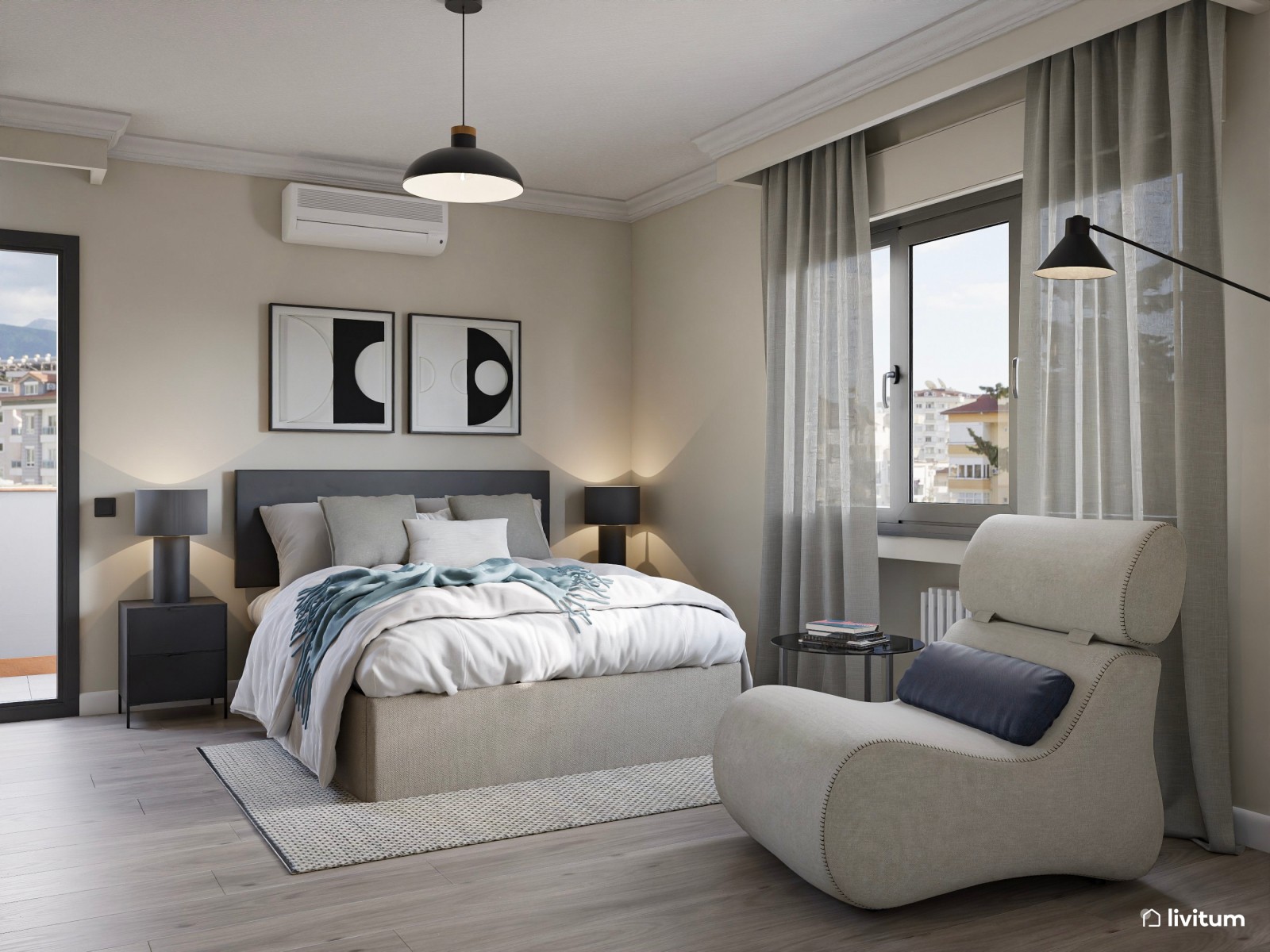 Dormitorio contemporáneo con acentos en gris oscuro y cómodo rincón de lectura