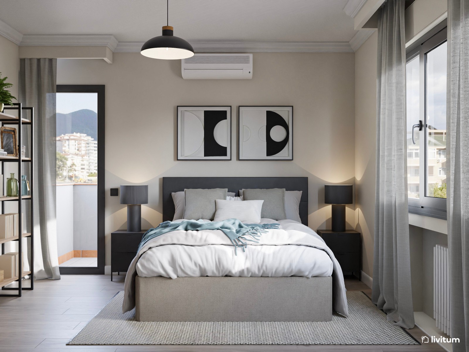 Dormitorio contemporáneo con acentos en gris oscuro y cómodo rincón de lectura