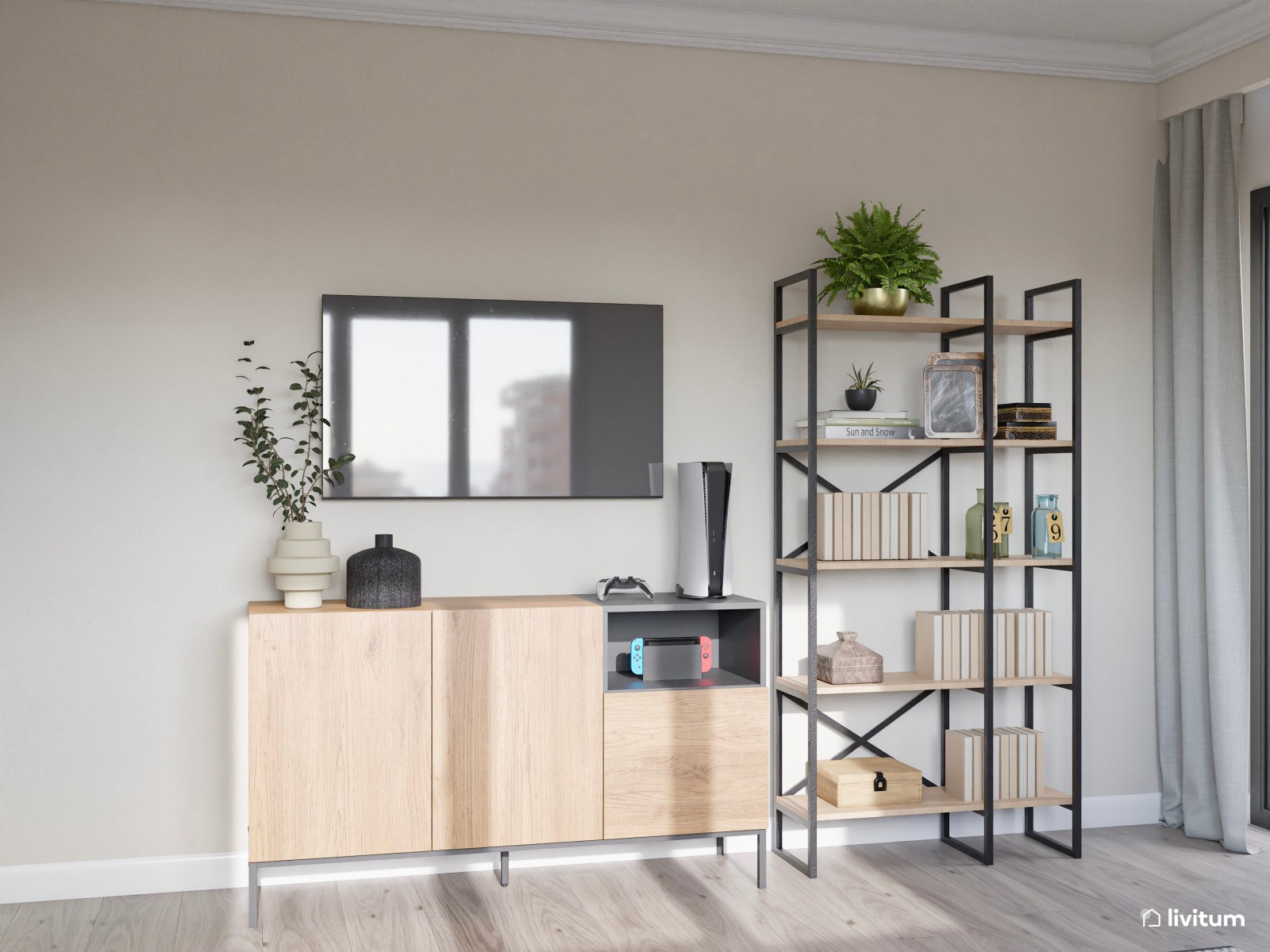 Dormitorio contemporáneo con acentos en gris oscuro y cómodo rincón de lectura