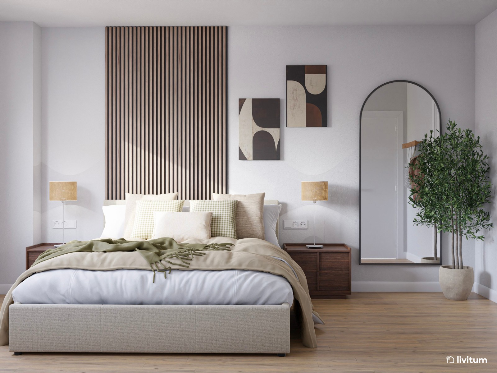 Dormitorio contemporáneo con listones de madera y muebles nogal