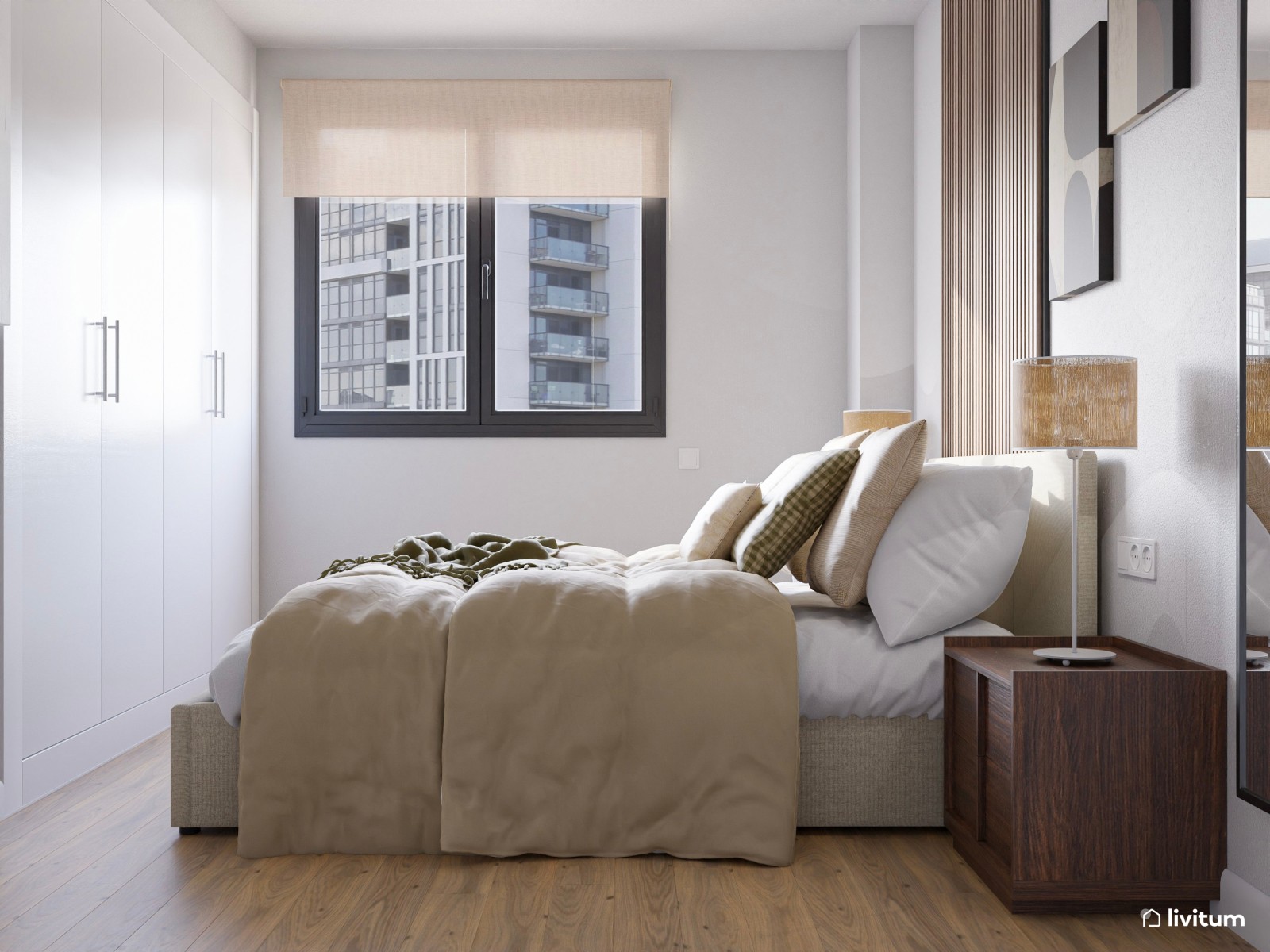 Dormitorio contemporáneo con listones de madera y muebles nogal