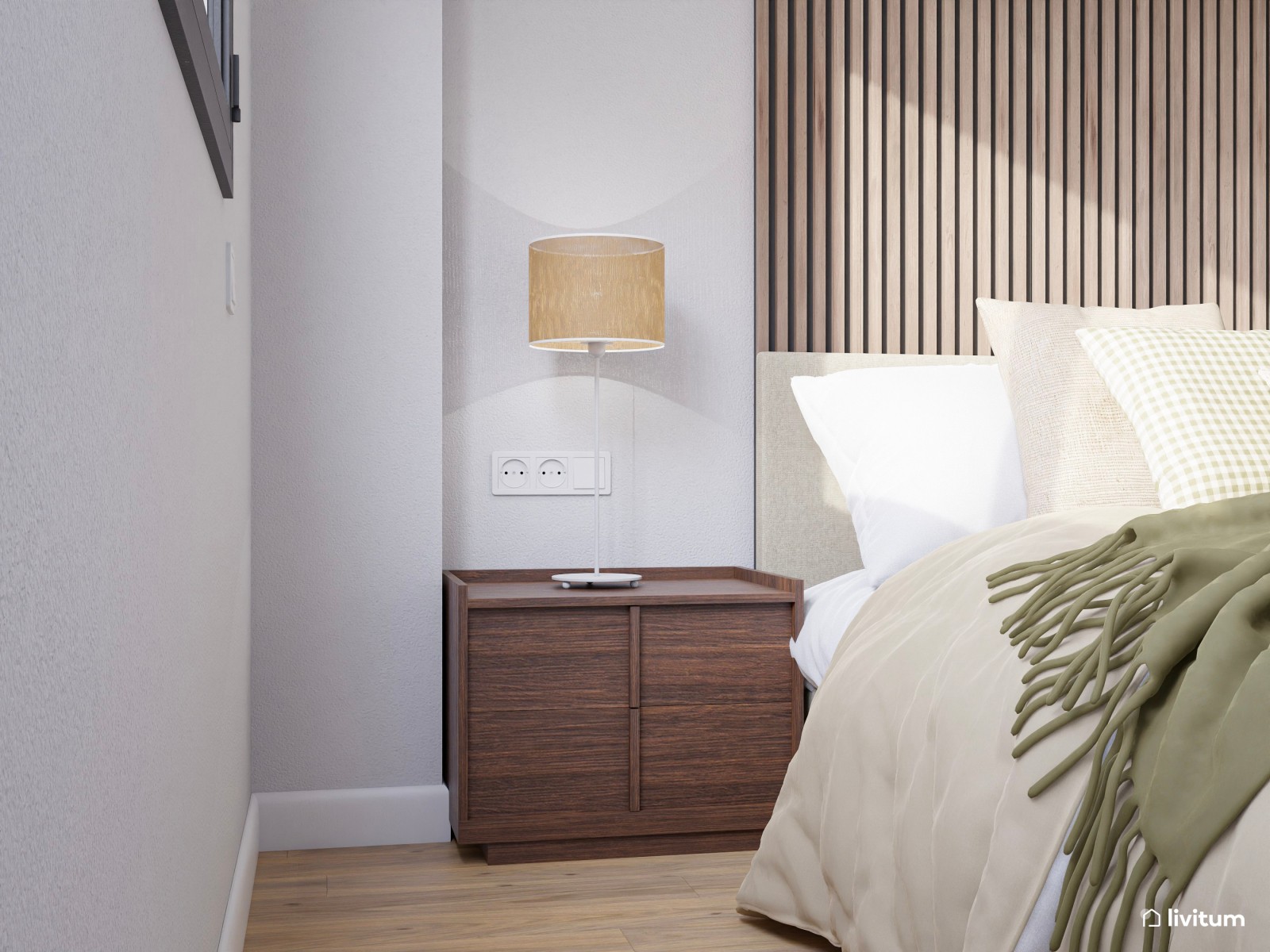 Dormitorio contemporáneo con listones de madera y muebles nogal