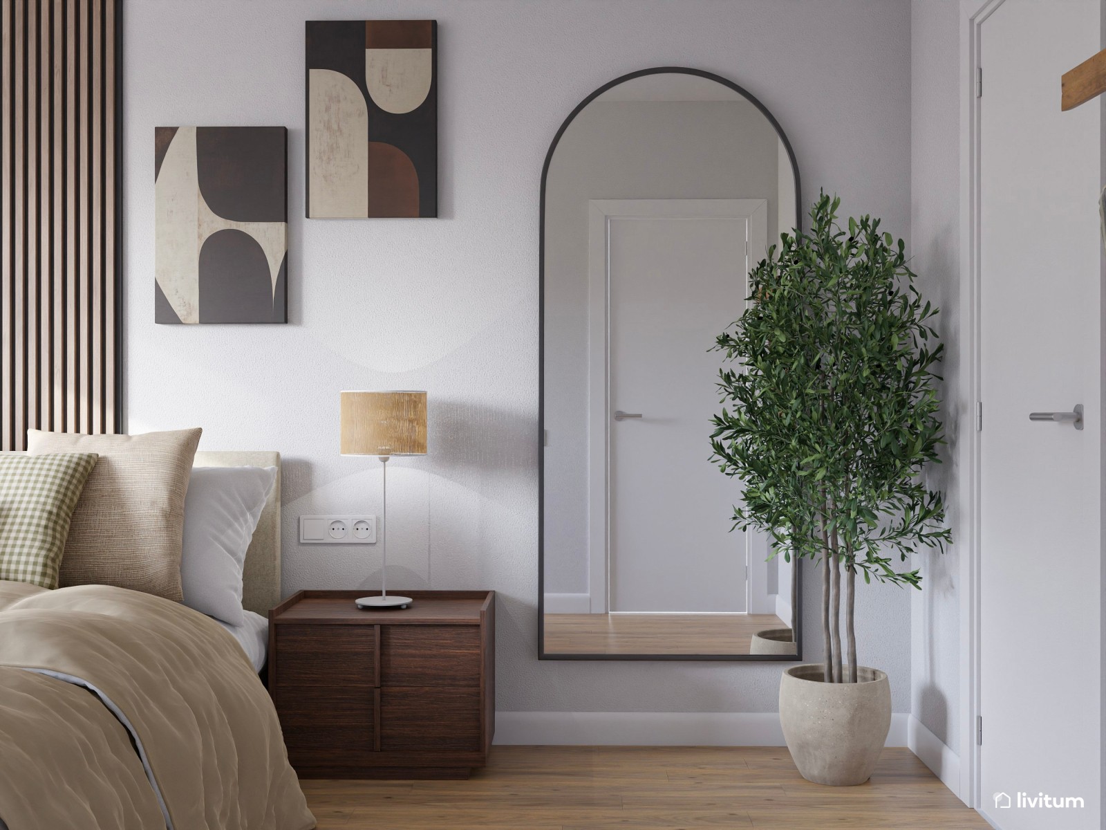 Dormitorio contemporáneo con listones de madera y muebles nogal
