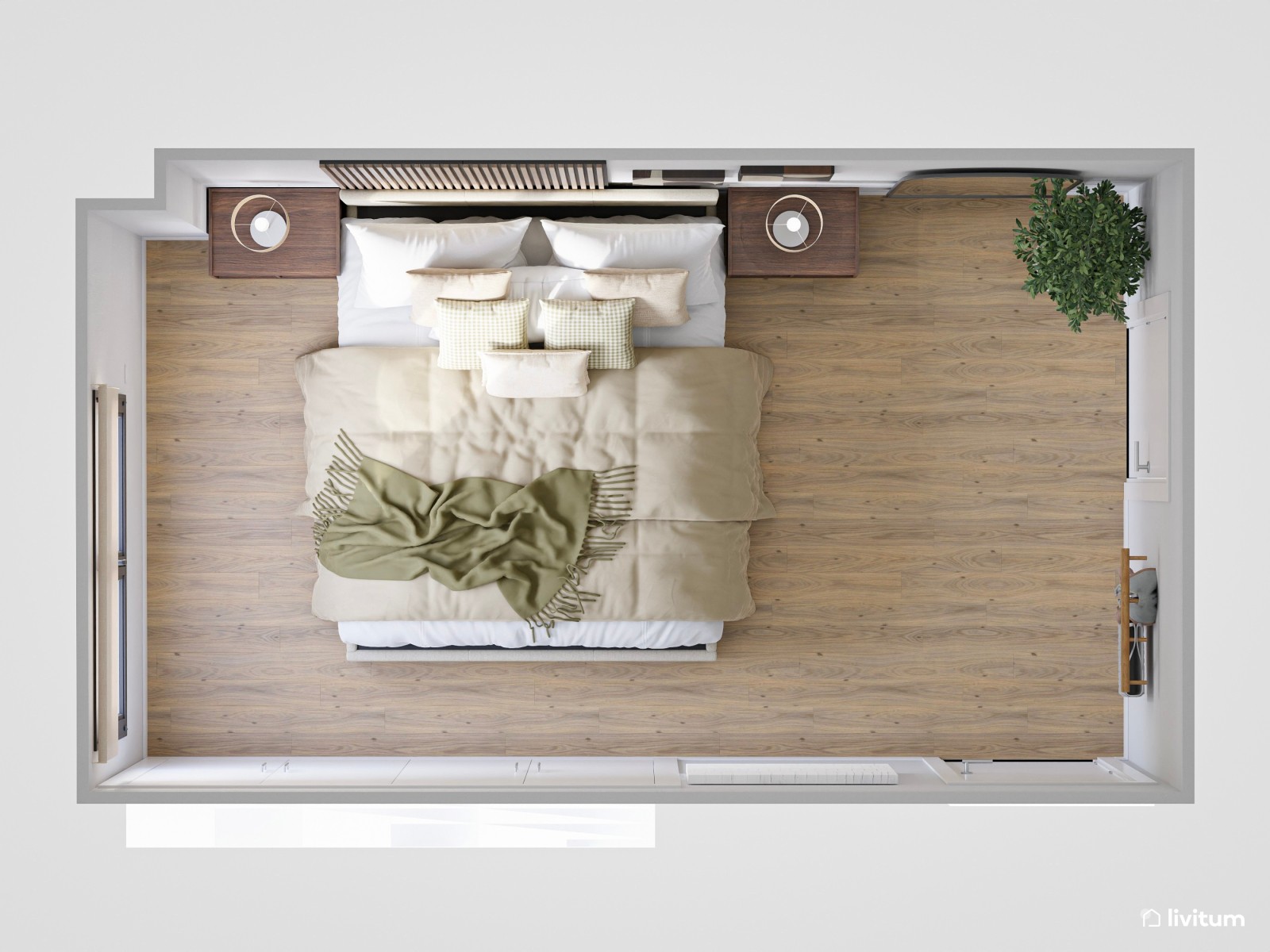 Dormitorio contemporáneo con listones de madera y muebles nogal