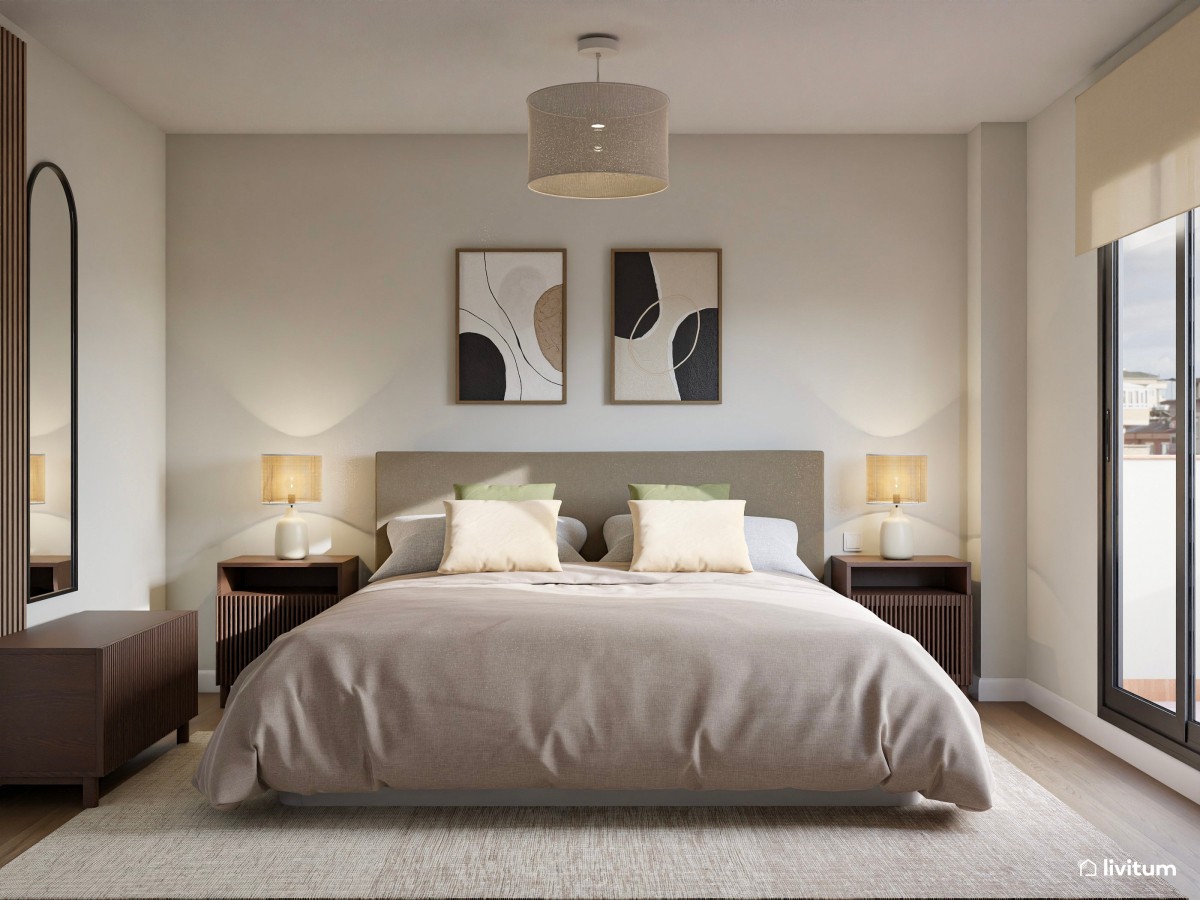 Dormitorio contemporáneo con muebles color nogal