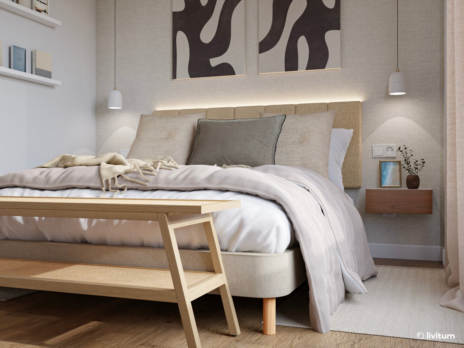 Dormitorio contemporáneo en tonos tierra con banco de madera