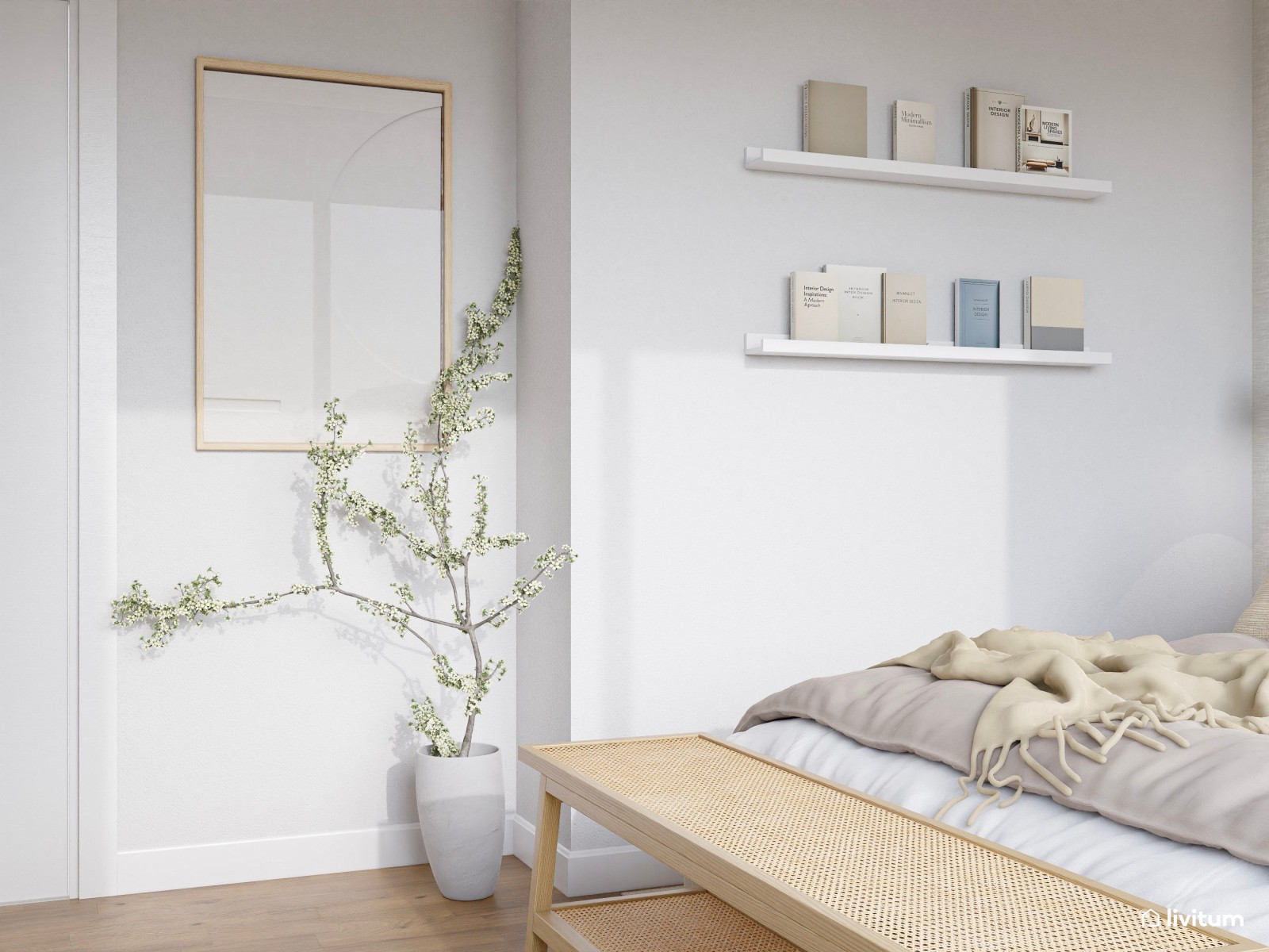 Dormitorio contemporáneo en tonos tierra con banco de madera