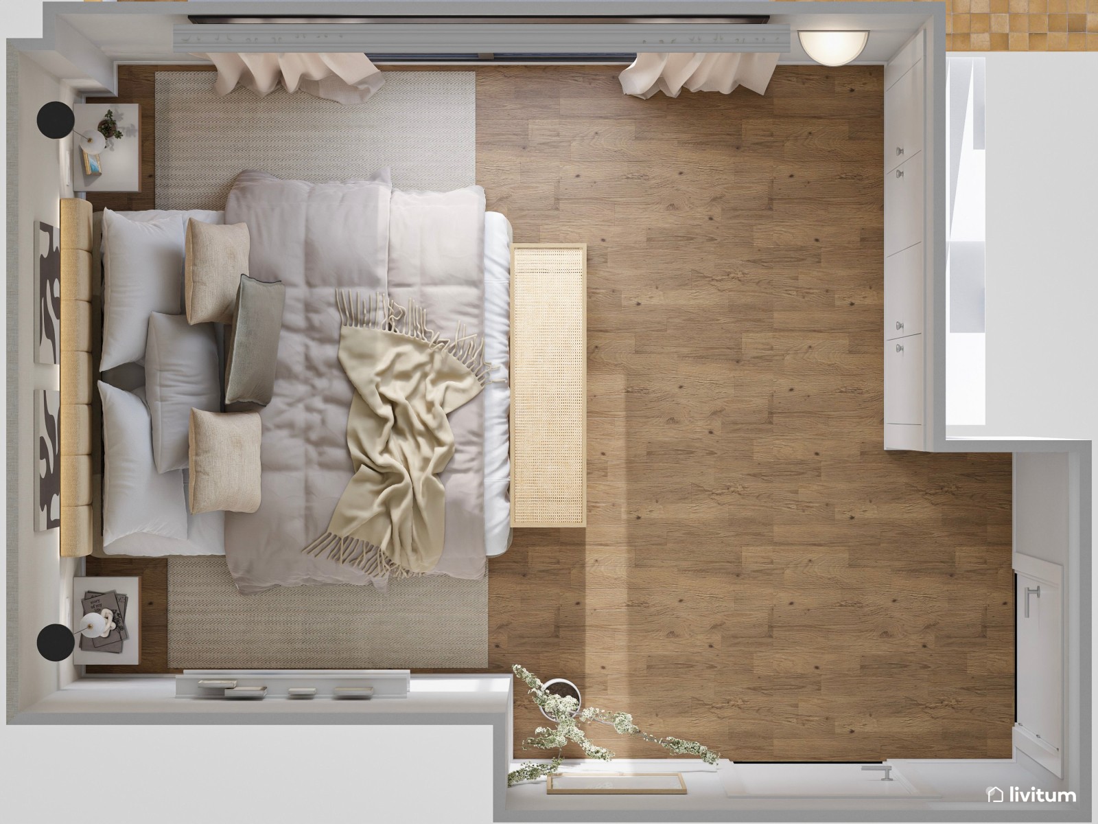 Dormitorio contemporáneo en tonos tierra con banco de madera