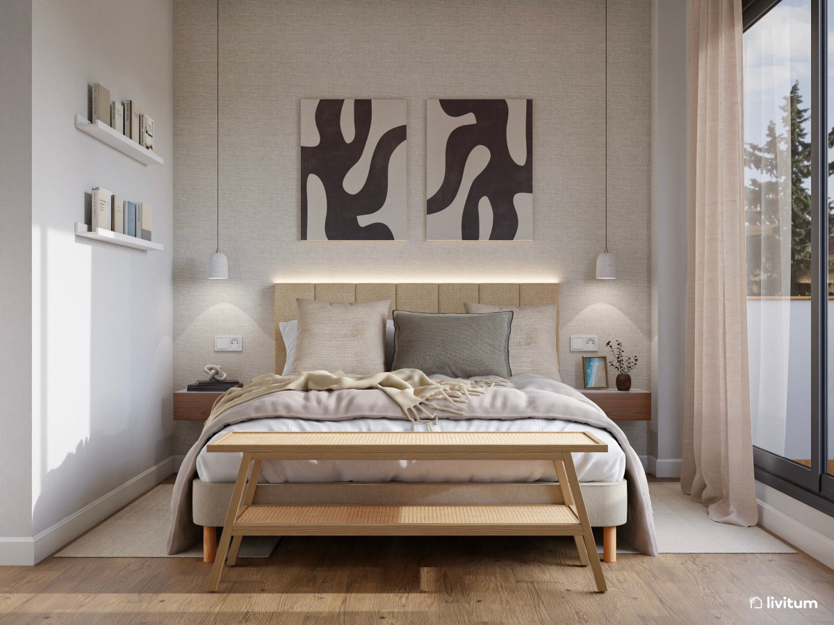 Dormitorio contemporáneo en tonos tierra con banco de madera