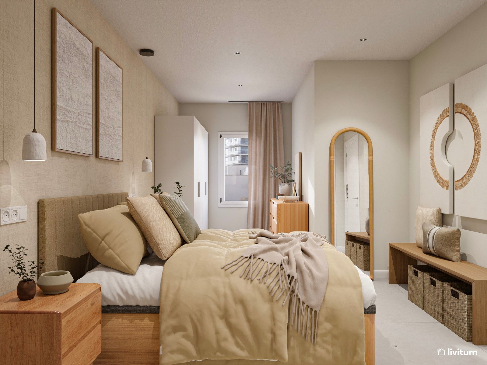 Dormitorio contemporáneo en tonos tierra con papel pintado en pared principal