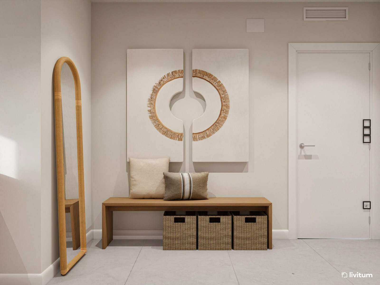 Dormitorio contemporáneo en tonos tierra con papel pintado en pared principal