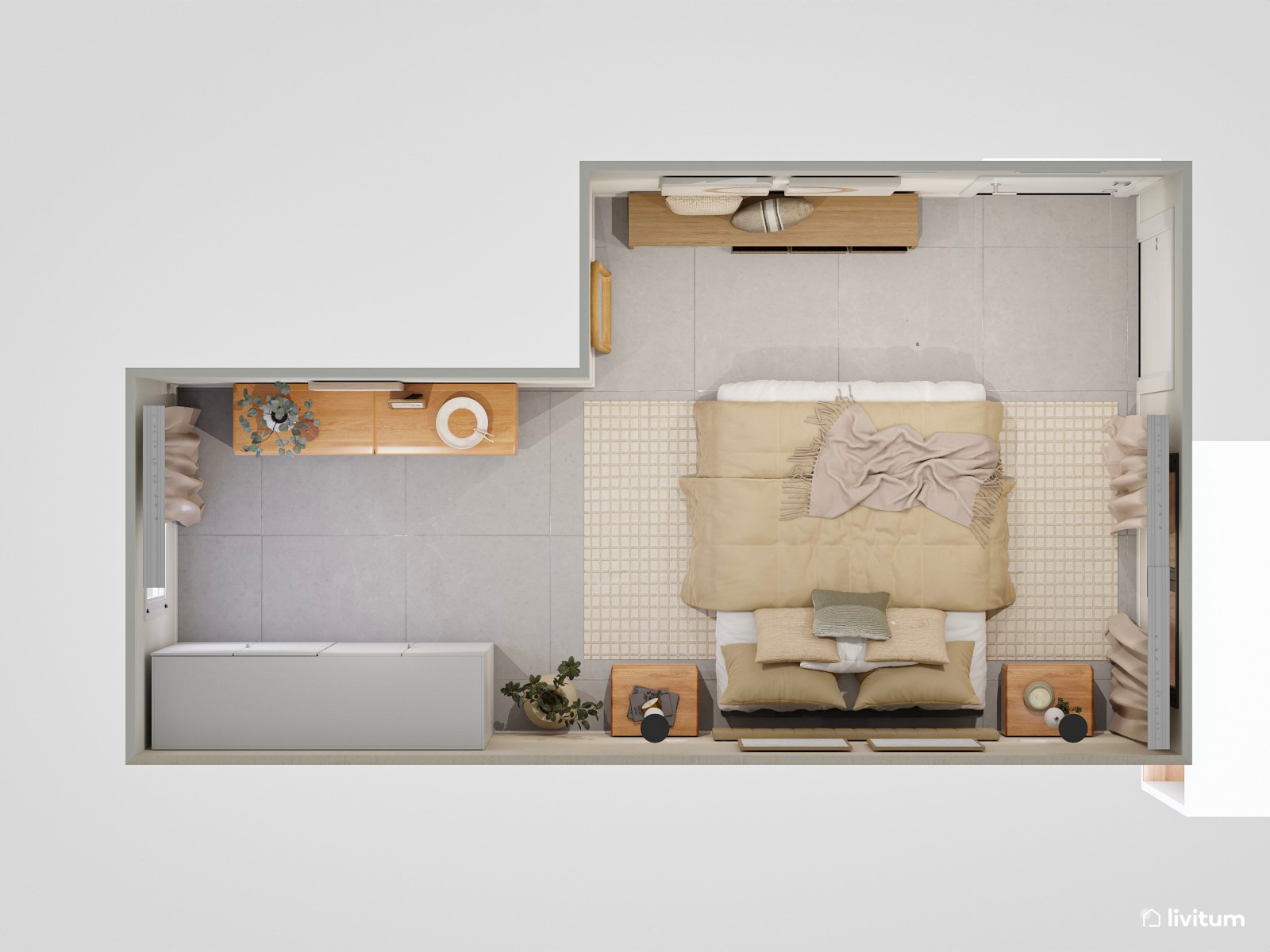Dormitorio contemporáneo en tonos tierra con papel pintado en pared principal