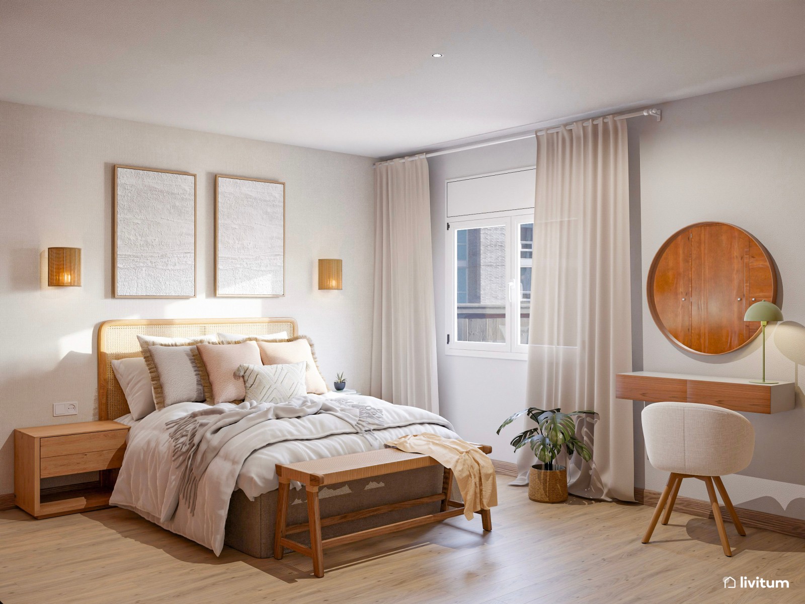 Dormitorio coqueto amueblado en madera con tocador elegante