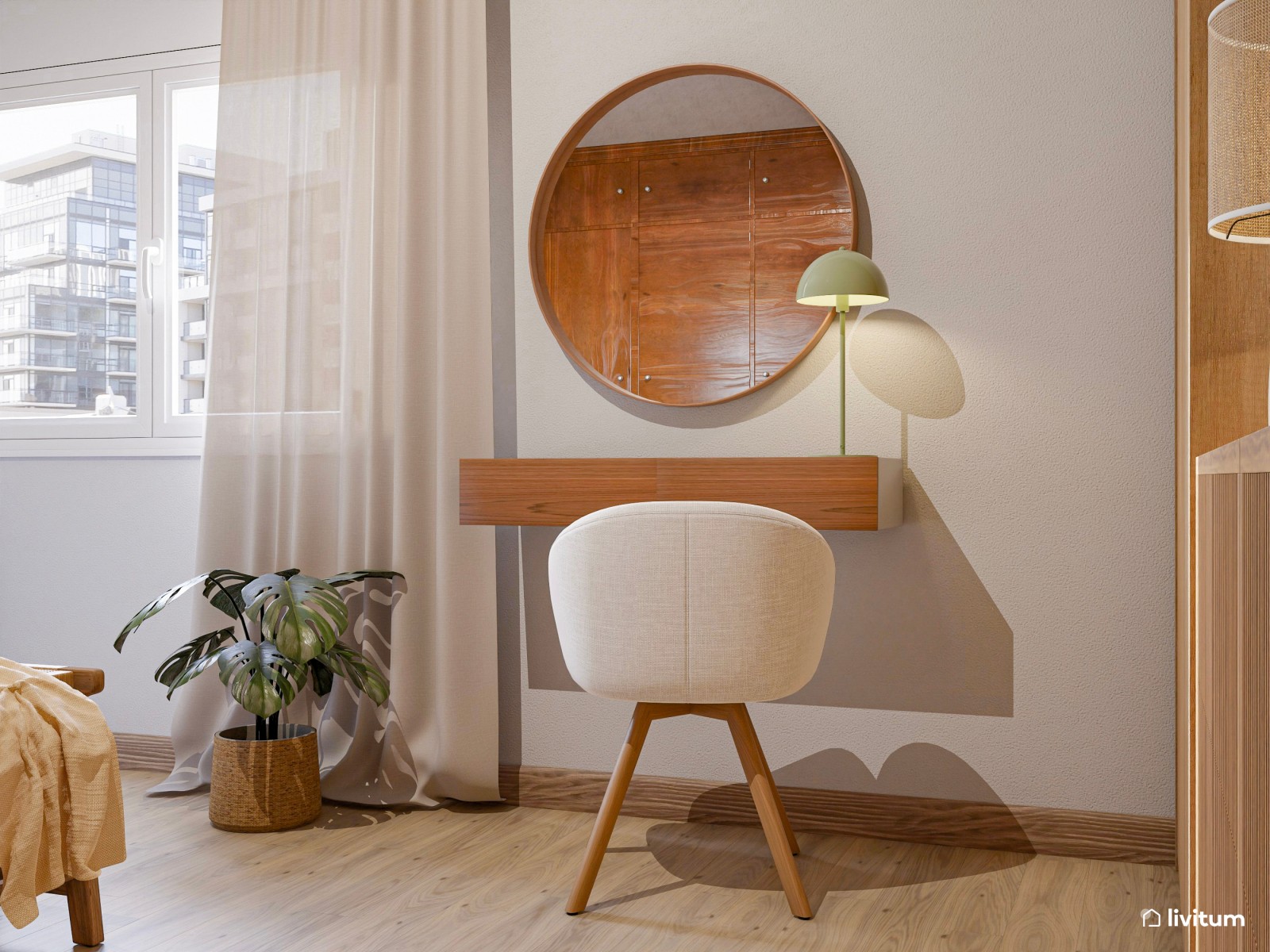 Dormitorio coqueto amueblado en madera con tocador elegante
