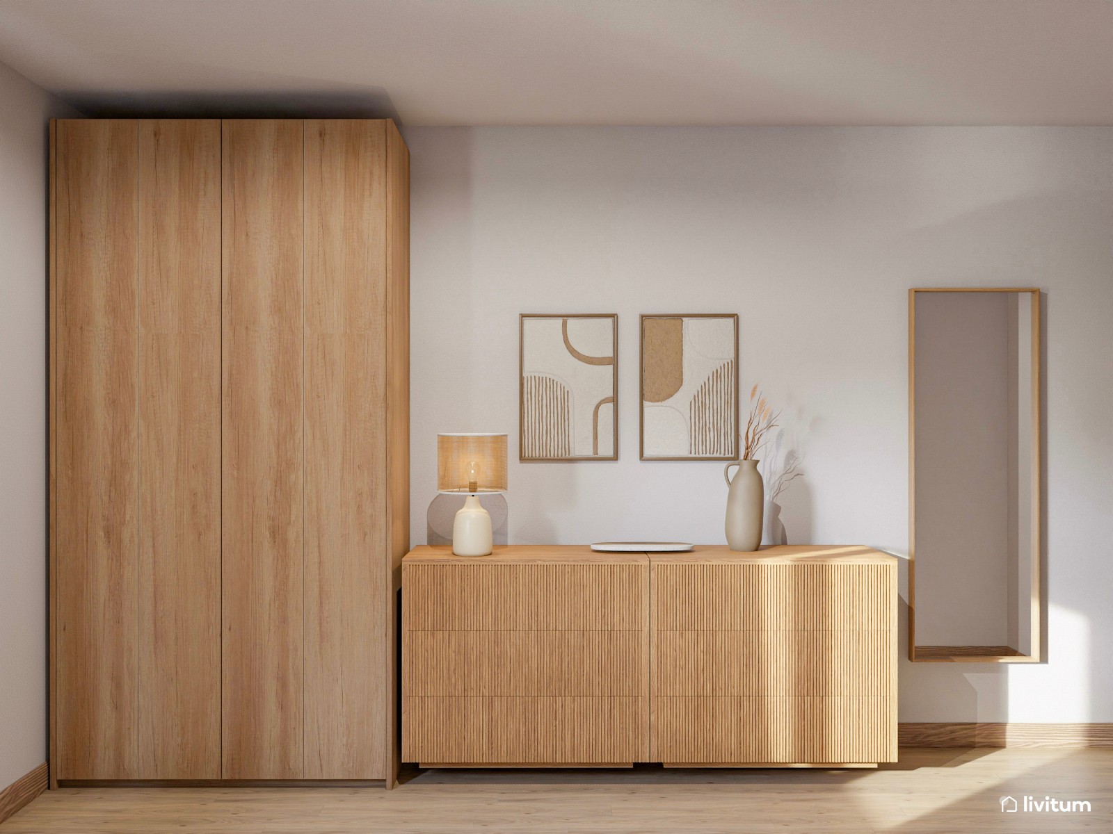 Dormitorio coqueto amueblado en madera con tocador elegante