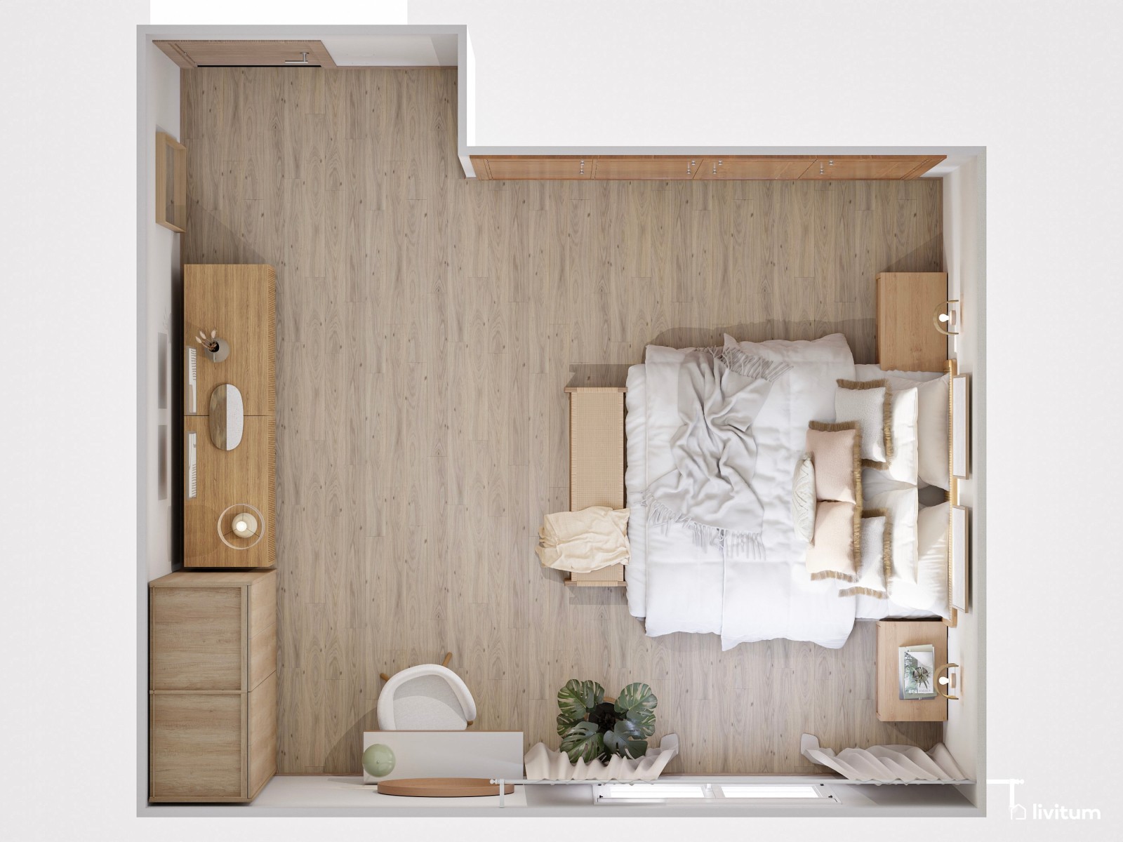 Dormitorio coqueto amueblado en madera con tocador elegante