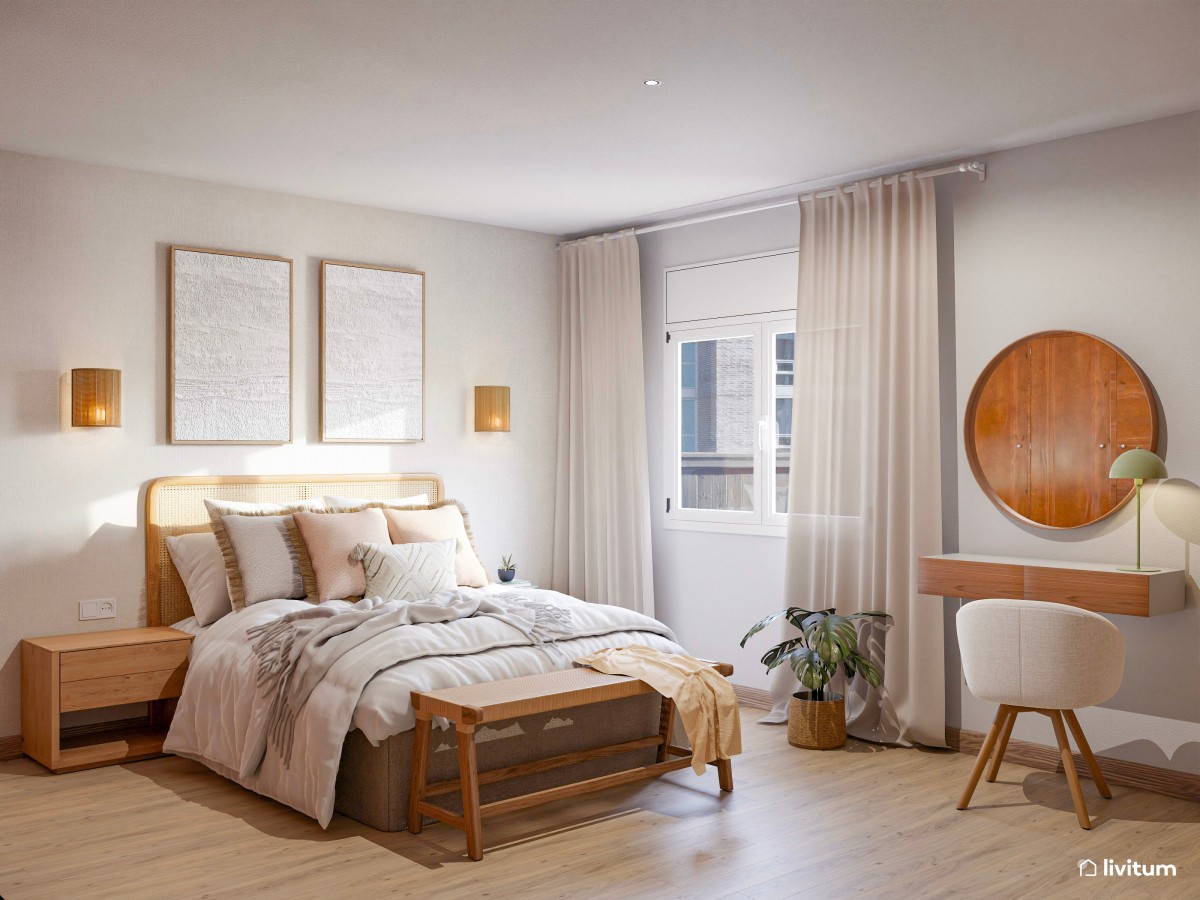 Dormitorio coqueto amueblado en madera con tocador elegante