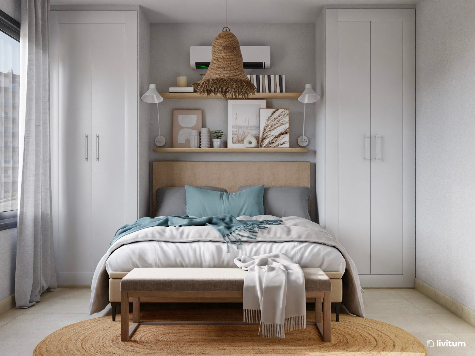 Dormitorio de 12 m² con muchos detalles de fibras naturales