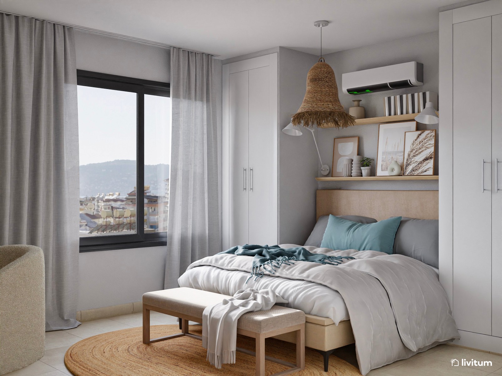 Dormitorio de 12 m² con muchos detalles de fibras naturales