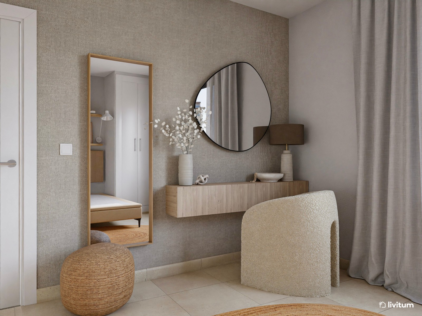 Dormitorio de 12 m² con muchos detalles de fibras naturales