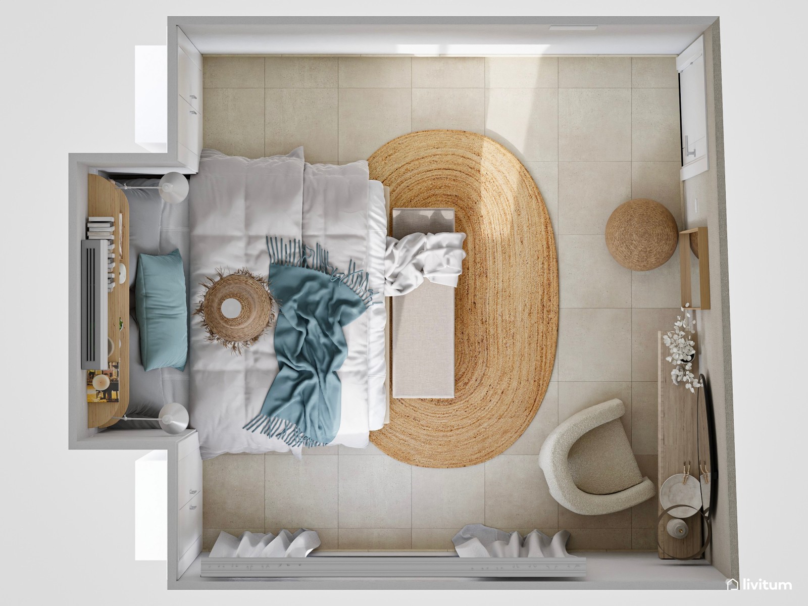 Dormitorio de 12 m² con muchos detalles de fibras naturales