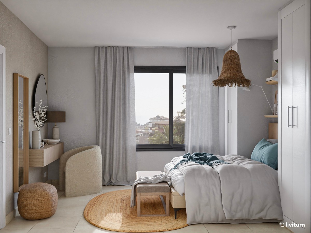 Dormitorio de 12 m² con muchos detalles de fibras naturales