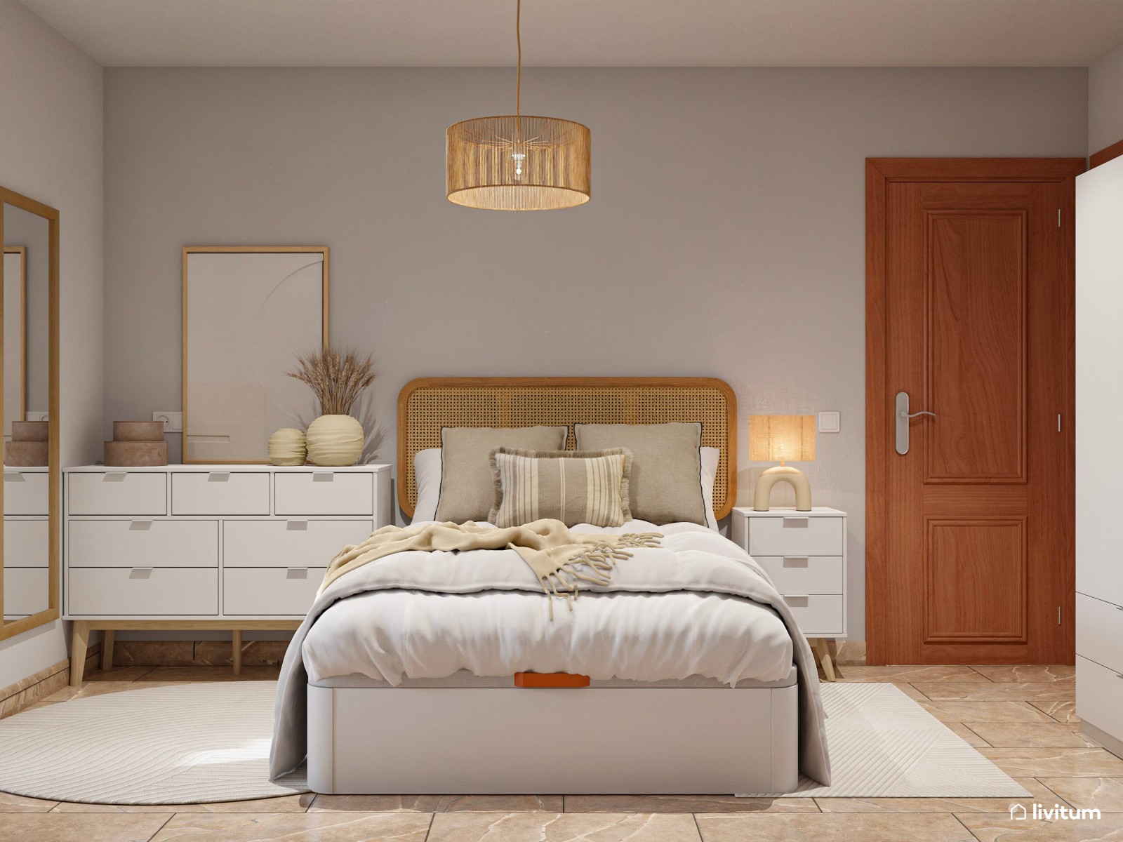 Dormitorio de estilo bohemio con zona de tocador y despacho