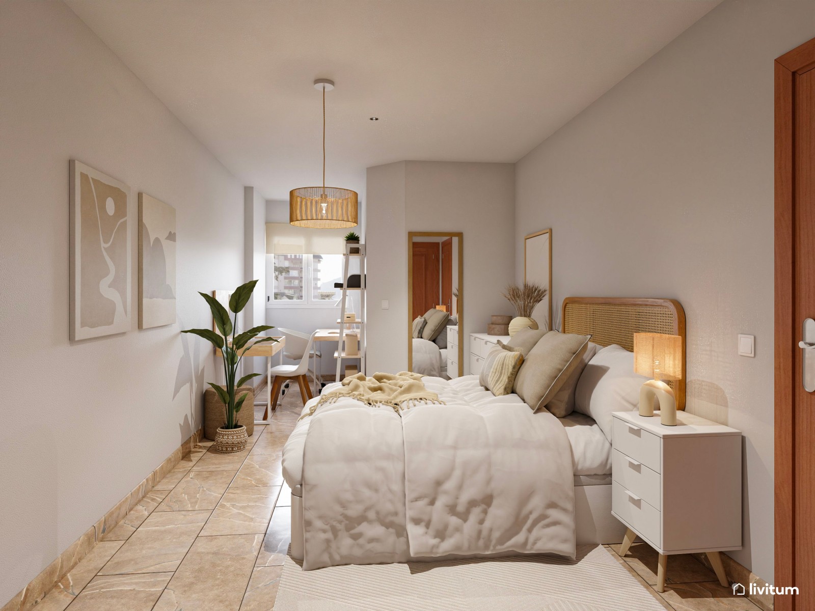 Dormitorio de estilo bohemio con zona de tocador y despacho