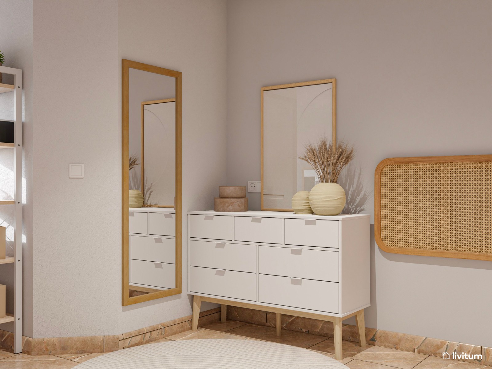 Dormitorio de estilo bohemio con zona de tocador y despacho