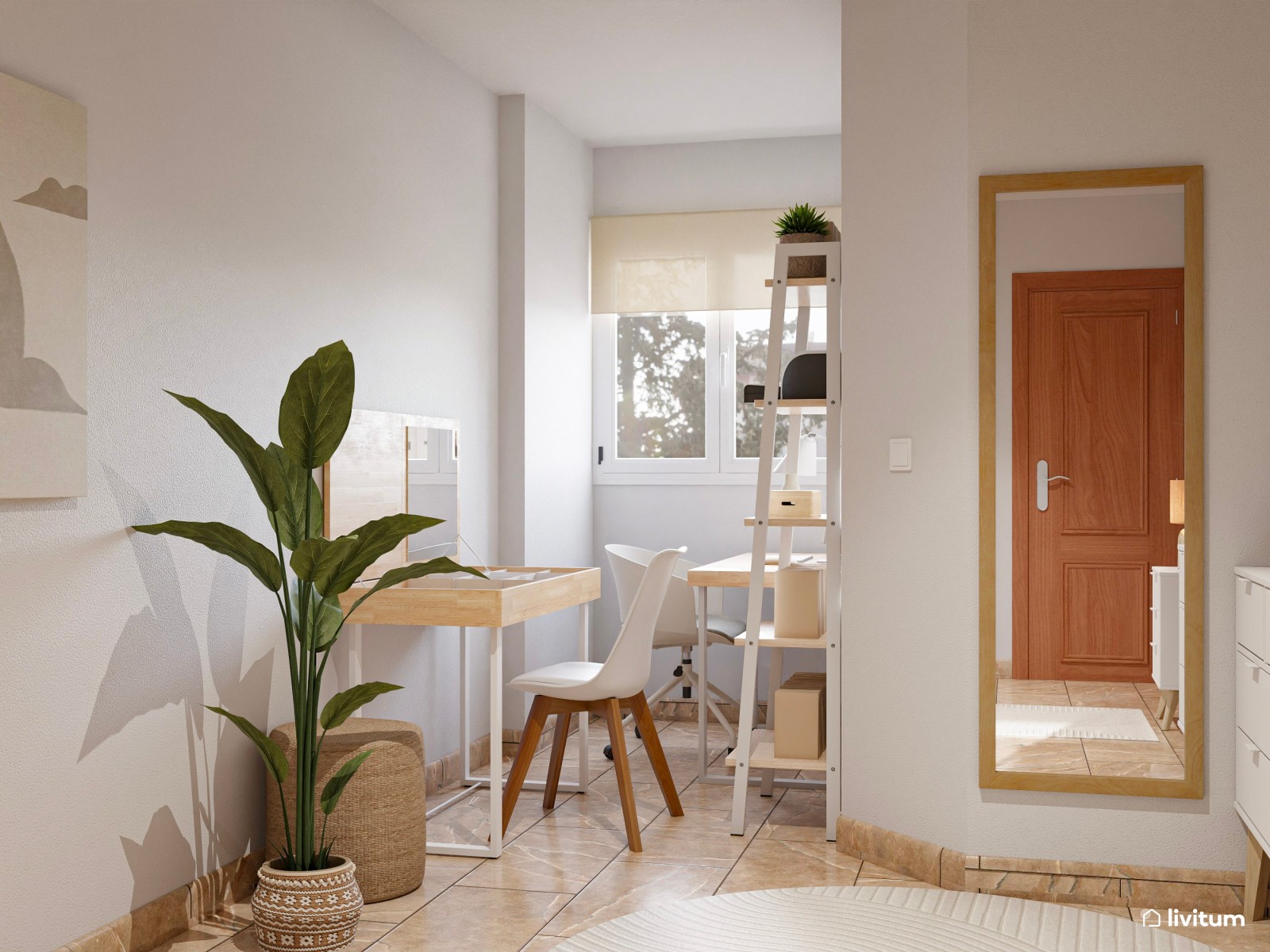 Dormitorio de estilo bohemio con zona de tocador y despacho