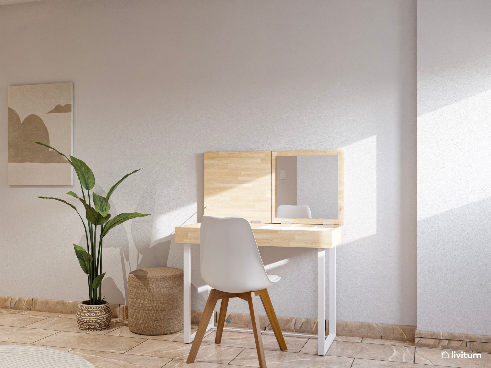 Dormitorio de estilo bohemio con zona de tocador y despacho
