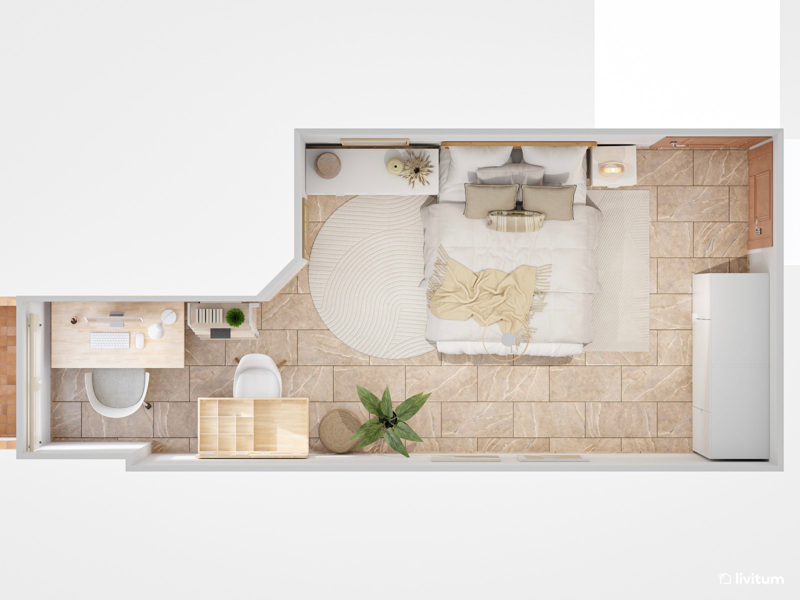Dormitorio de estilo bohemio con zona de tocador y despacho
