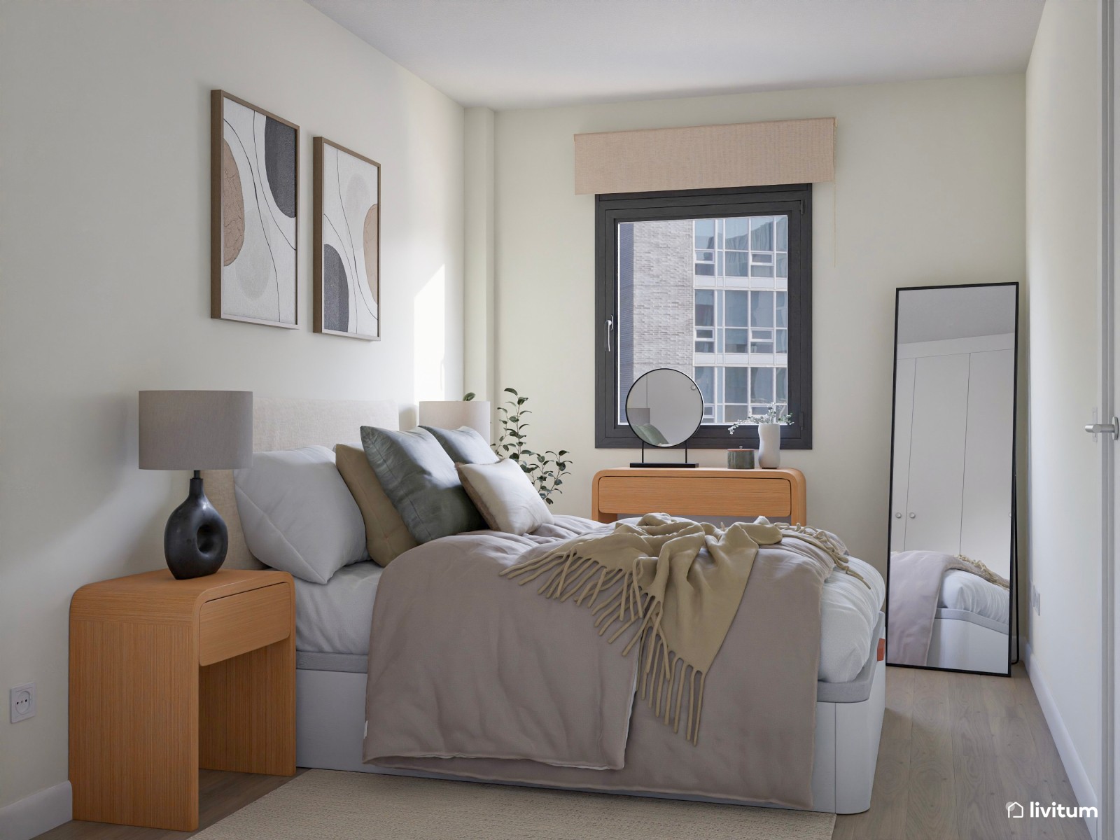 Dormitorio de estilo boho con detalles en negro y tocador luminoso