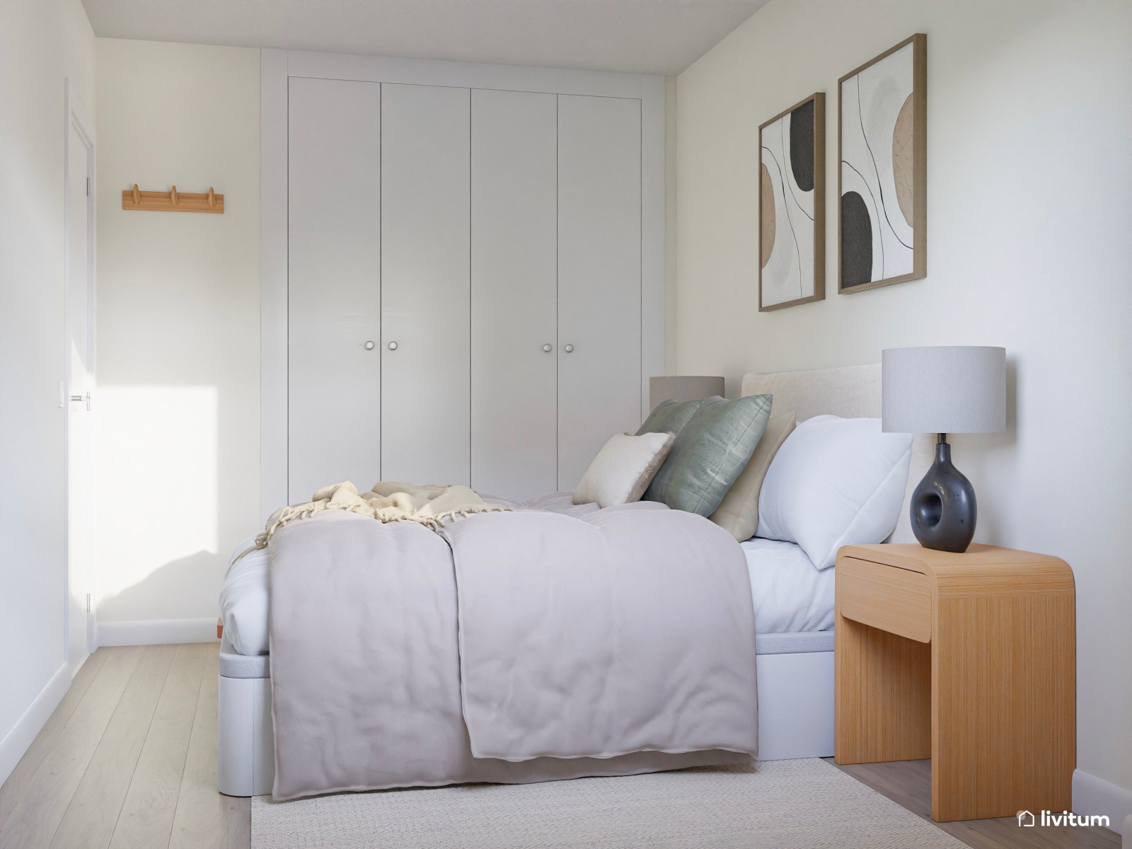 Dormitorio de estilo boho con detalles en negro y tocador luminoso