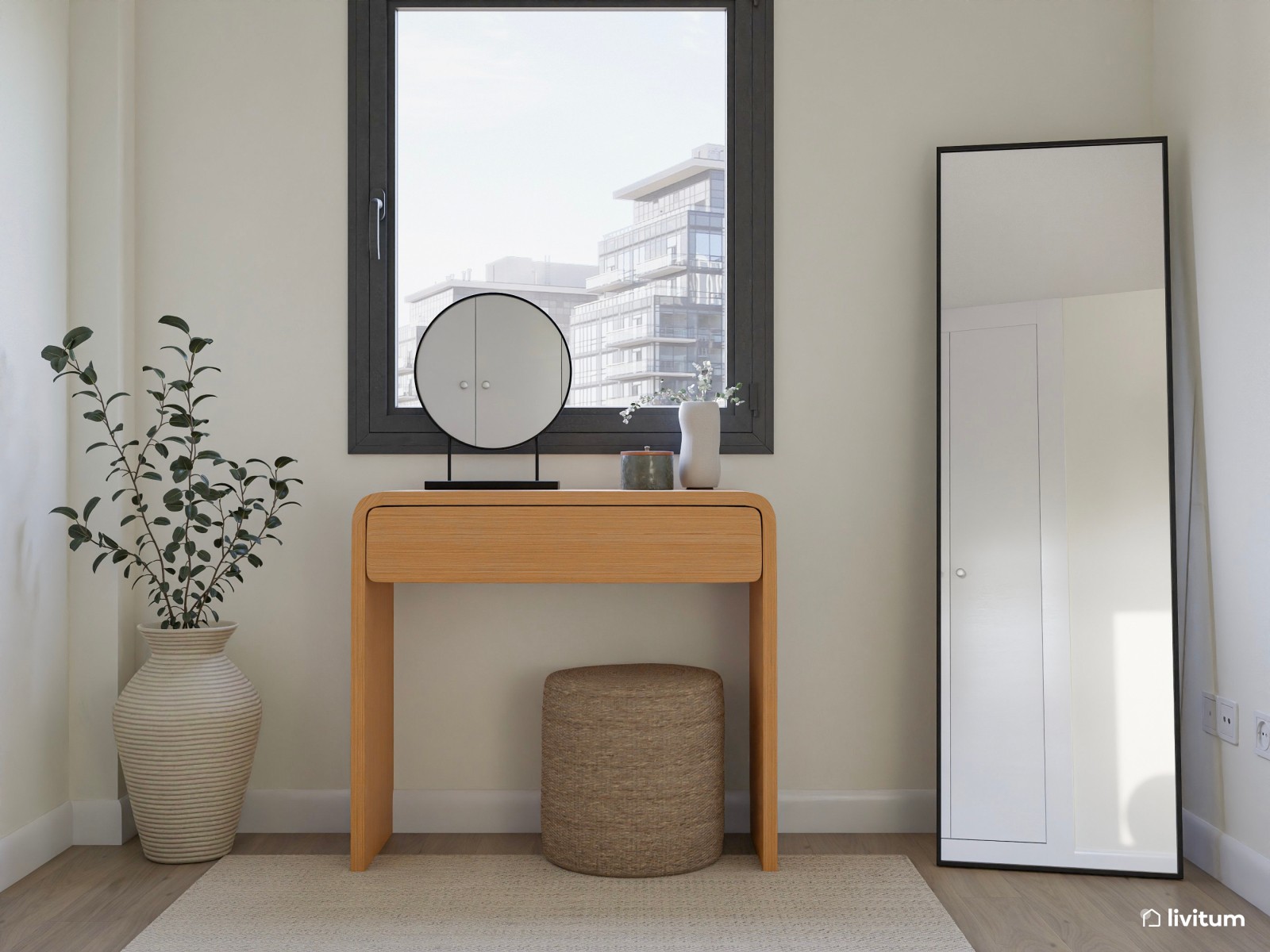 Dormitorio de estilo boho con detalles en negro y tocador luminoso